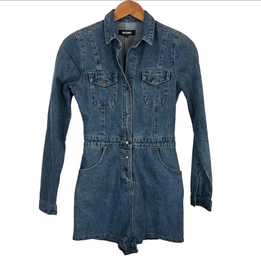 Missguided Denim Button Down Long Sleeve Romper in size 4